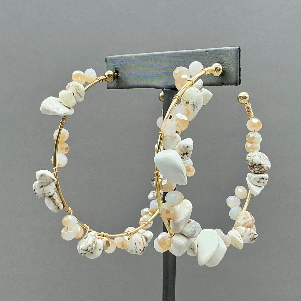 Beaded Hoop Earrings Women White Cream Gold Tone Wire Wrapped Stone Chip Boho